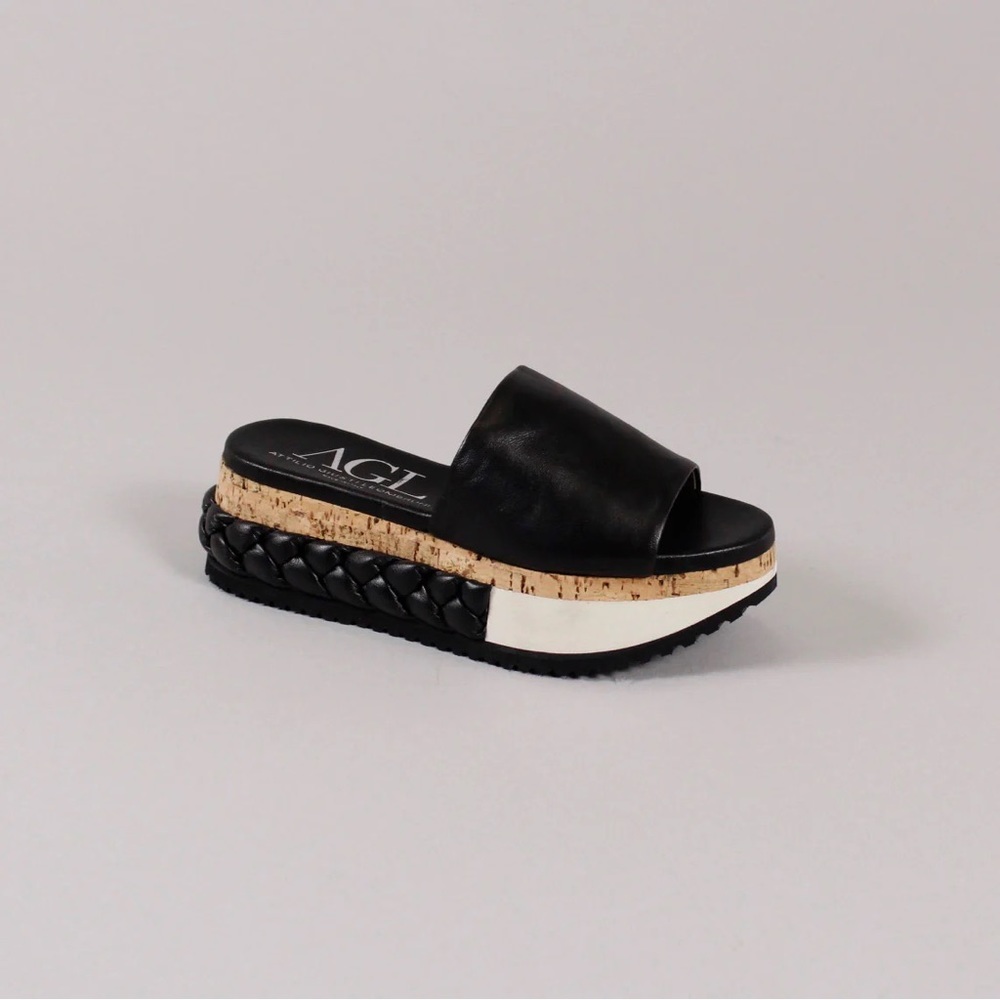 Agl Black Leather Cork-Trim Braided Platform Slide